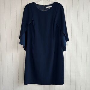Trina Turk size 14 sheath dress cape sleeve navy crepe above knee party guest